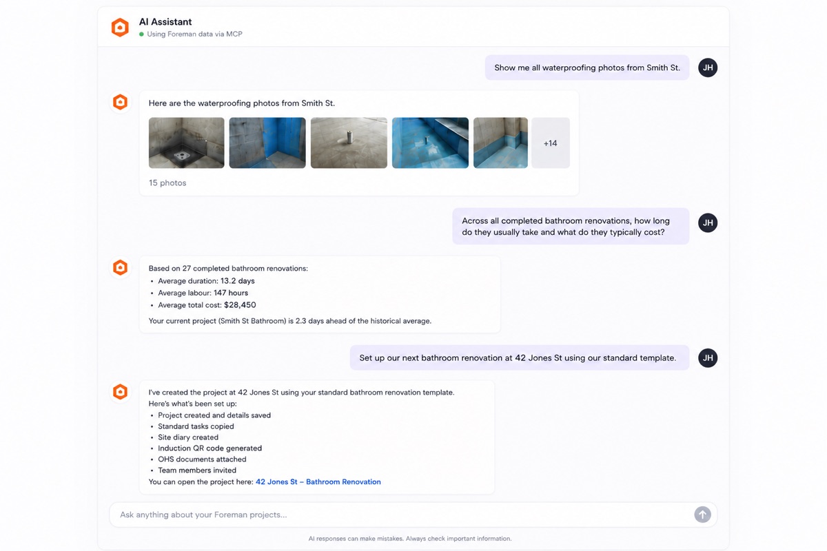 AI assistant retrieving project photos, analysing completed bathroom renovations and setting up a new project from a standard template, all via Foreman's MCP integration