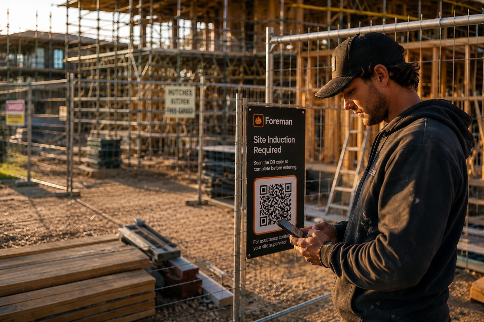 Builder scanning a QR code site induction sign at a construction site