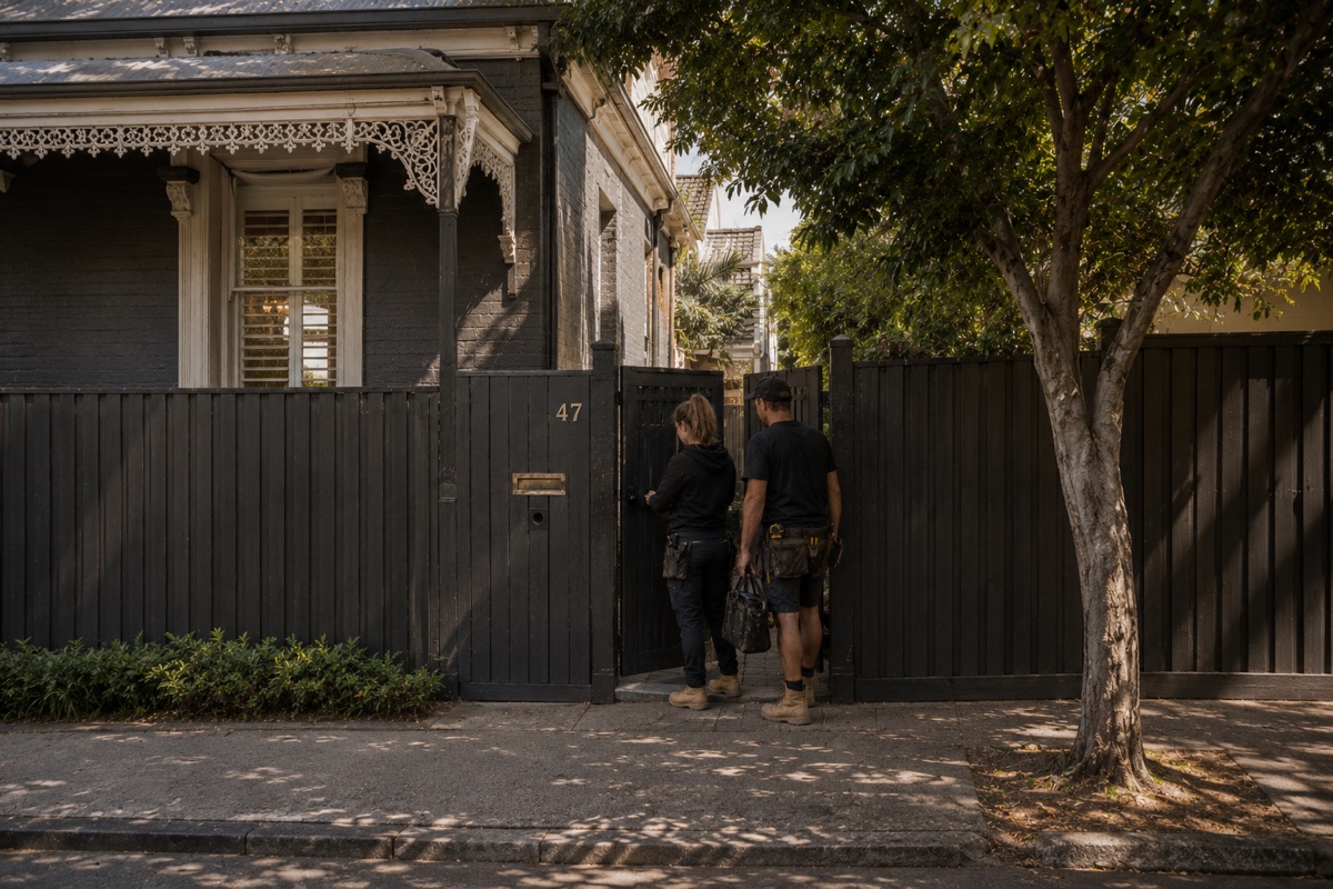 Builder and client reviewing plans on a laptop during a home renovation