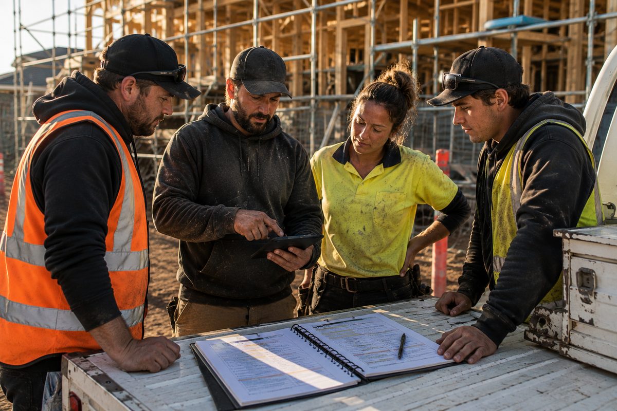 Foreman leading a toolbox talk with a crew on site