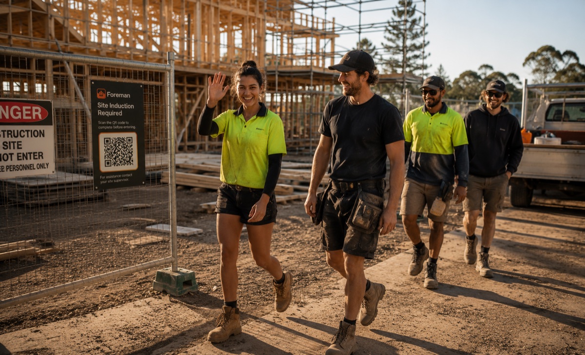 Worker in a hard hat and hi-vis vest completing a site induction on her phone