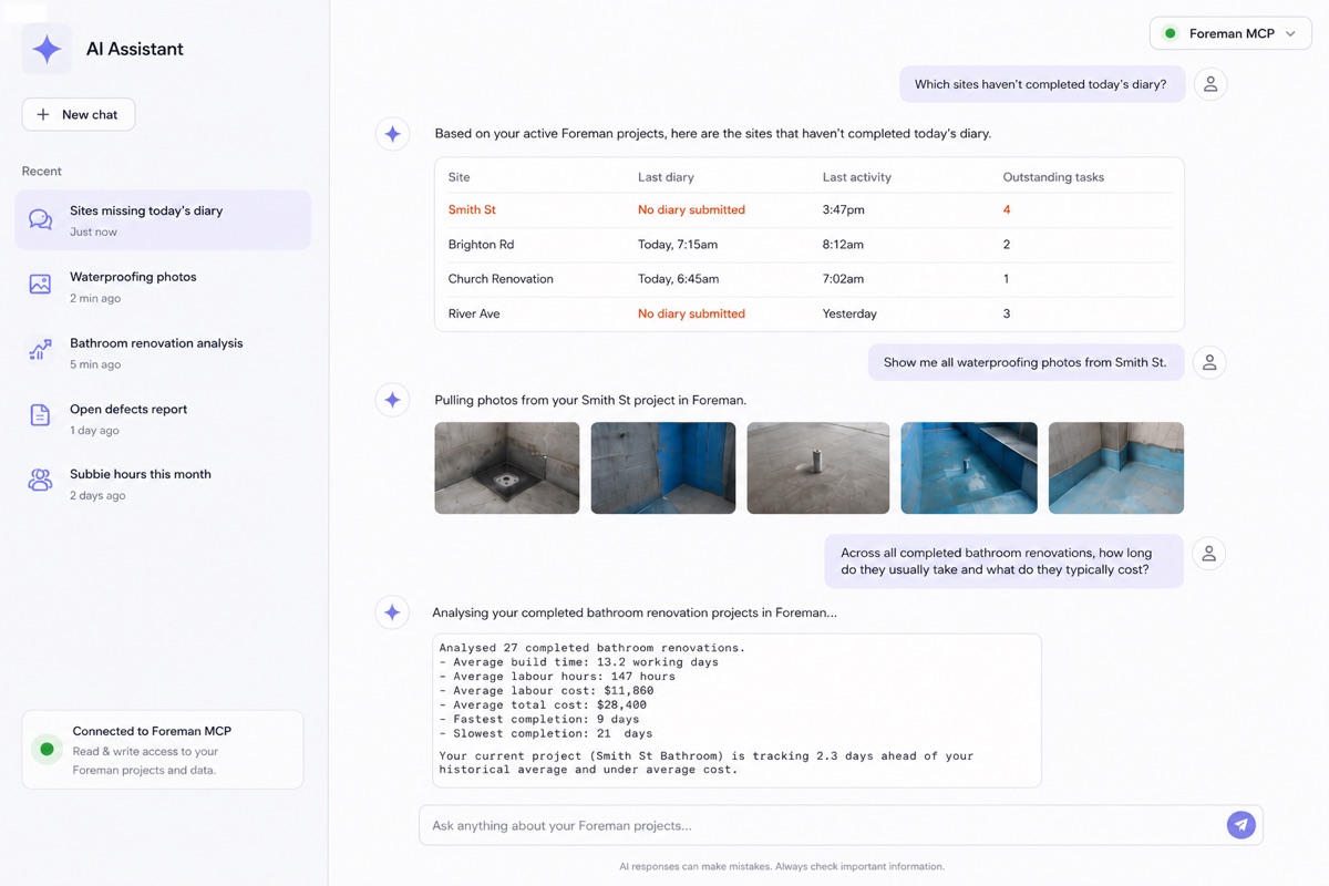 AI assistant answering questions about site diaries, photos and completed projects in Foreman